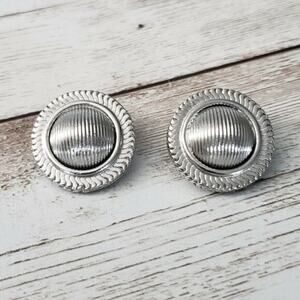 Vintage Clip On Earrings Silver Tone Striped Circle with Ornate Halo